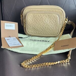 NWT. Authentic Beige Monogram Leather Camera Bag.